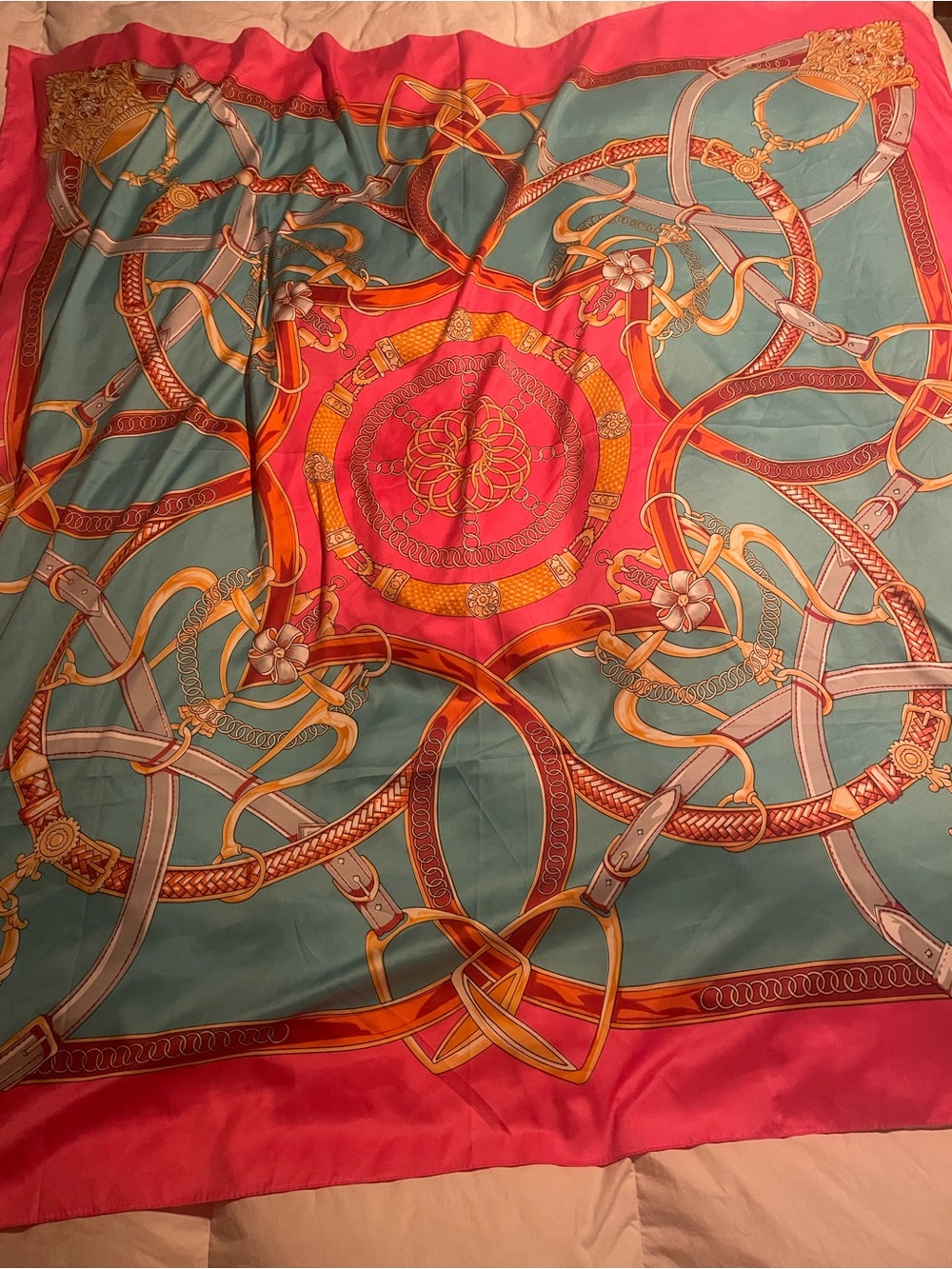 Faux Silk Equestrian Print Scarf – Teal & Coral